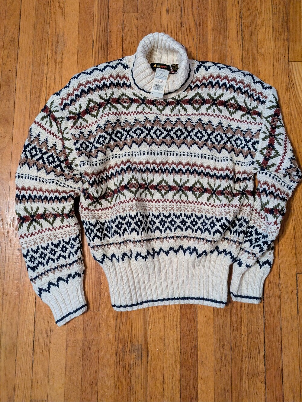 Vintage Liz Sport Hand Knit Nordic Fair Isle Turtleneck Ski Sweater Cream size M